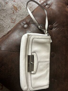Coach White Leather Wristlet with Silver-Tone Clasp